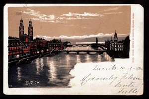 1900 Brücken Flussszene Abend Zürich Schweiz Postkarte - Bild 1 von 1