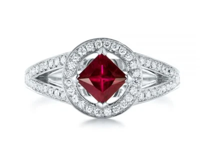 Deep Red Princess Cut Simulated Ruby & White Moissanites In 10K White Gold Ring - Image 1 of 4