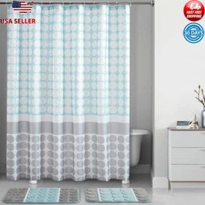 Shower Curtain Bath Set Geometric Pattern Rug Hook Washable Waterproof Polyester - Picture 1 of 5