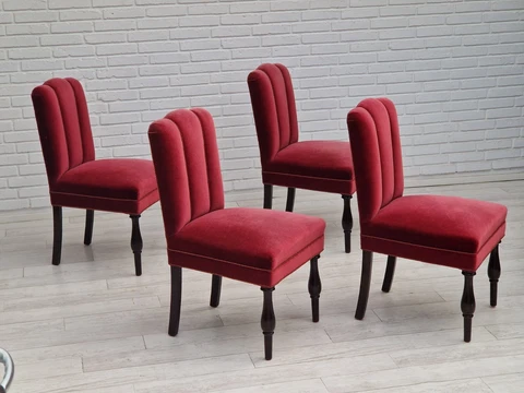 1950s, Danish design, set of 4 dinning chairs, oak wood, cherry-red velour Cover