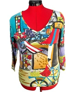 Chico's Sz 3 Artsy Multicolor Knit Top Shirt Blouse 100% Cotton - Picture 1 of 8