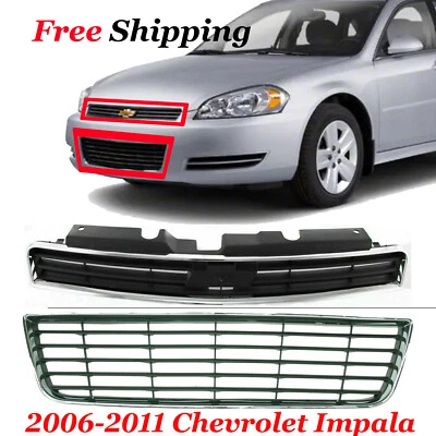 Fits 2006-2011 Chevrolet Impala Front Bumper Upper & Lower Grille Black Set of 2 Foto 1 de 4