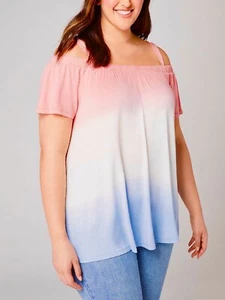 Womens Tie Dye Top Plus Size 18/20 22/24 Pastel Tunic Pink On/Off Shoulder 778 - Picture 1 of 11