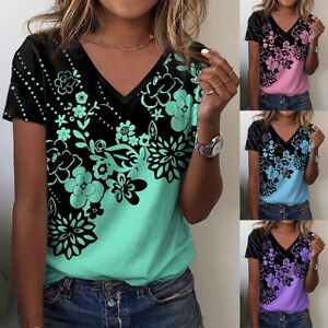 Ladies Blouse Short Sleeve T-Shirts Tee Tops V Neck Floral Casual Summer Fashion