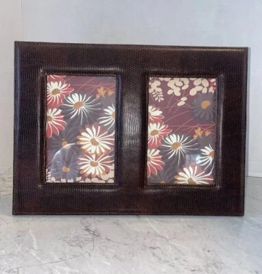 Faux Leather Double Picture Frame 4x6” Photos Overall Size 11.75”x 8.75” Brown  - Image 1 of 4