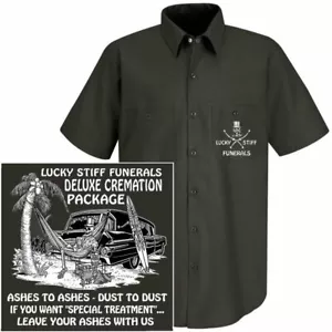 LUCKY STIFF DELUXE CREMATION ASHES TO ASHES PEEING DOG SKELETON HEARSE WORKSHIRT - Picture 1 of 12