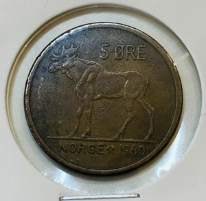 1960 Norway 5 Ore Coin KM#405 Bronze King Olav V Moose Design Scandinavian - Picture 1 of 3