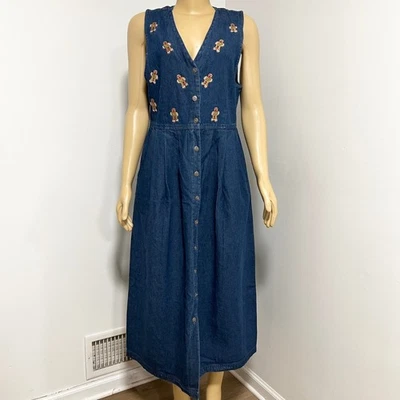 NWTs Vintage Jane Ashley Denim Gingerbread Man Embroidered Button Maxi Dress M - Image 1 of 4