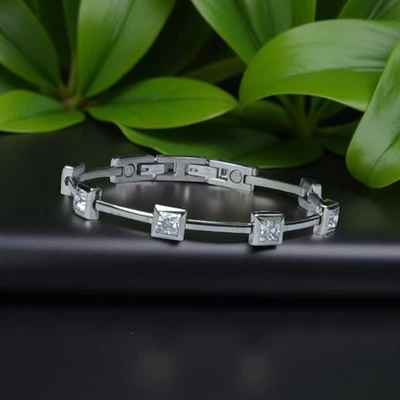 Armband Edelstahl & Zirkonia Quadrate 17,3-18,5cm Magnetschmuck verstellbar Quad - Bild 1 von 4
