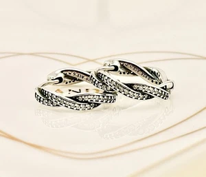 New Genuine Pandora Sparkling 'Twist of Fate' Braided Hoop Earrings 290576CZ - Picture 1 of 13