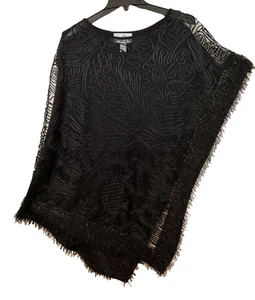 JOSEPH RIBKOFF Size 8 Black Sheer Lace Abstract Fringe Accents Dressy Shawl Top - Picture 1 of 4