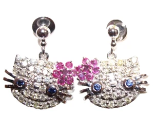 1.42ct Natural Round Diamond 14K White Gold Ruby Sapphire Holly kitty Earring - Picture 1 of 6