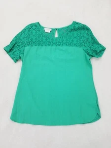 Van Huesen Short Sleeve Lace Top Key hole Back Teal Blue Summer tunic Medium - Picture 1 of 10