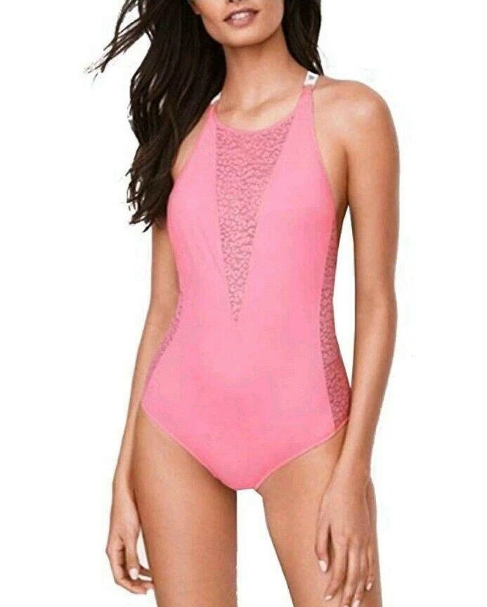 Body de peluche para mujer Victoria Secret con logotipo de leopardo encaje cuello alto rosa talla XS Foto 1 de 2