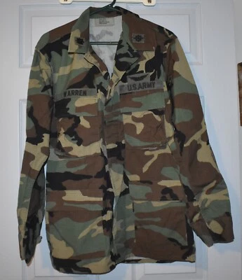 Woodland Camouflage Army BDU Jacket Men's Med-Reg Patches Summer WARREN LTC - Image 1 of 4