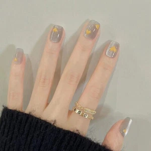 Short Square Press-On Fake Nail Cute Yellow Heart Shiny Cat' Eye Manicure 24pcs - Foto 1 di 3