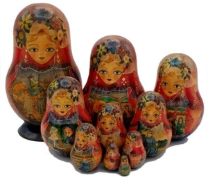 Muñecas de anidación Matreshka vintage. Juego de 10. 295 mm de alto. Pintado a mano. Madera. - Imagen 1 de 4