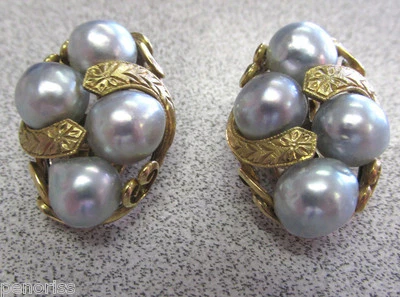 Pendientes de clip de perlas de plata ornamentados de oro de 14 k Old School Estate hacer oferta  Foto 1 de 4
