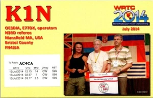 VINTAGE AMATEURFUNK CQ QSL QSO POSTKARTE K1N MANSFIELD MASSACHUSETTS USA WRTC 2014 CHAM - Bild 1 von 2