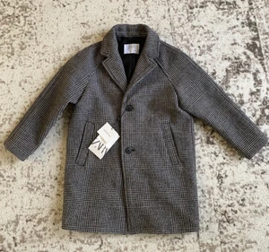 New Zara Kids Two Tone Wool Blend Black Grey Plaid Tweed Coat 7 Years - Picture 1 of 5