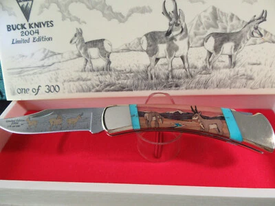Buck 110 Limited Edtion 2004 Wood Inlay/ Turquoise/ Fire Opal.  Excellent. - Image 1 of 4