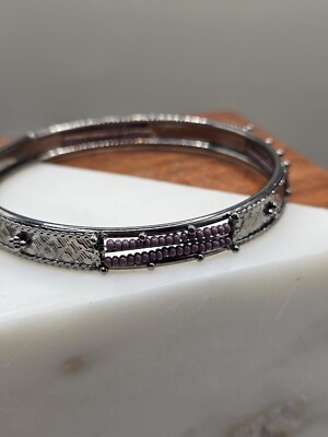 Bangle Bracelet Gunmetal Gray Purple Seed Bea...
