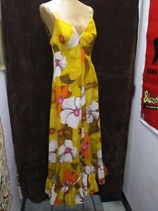 Vintage 1960's Yellow Orange Brown Bark Cloth Cotton Halter Hawaiian Dress S