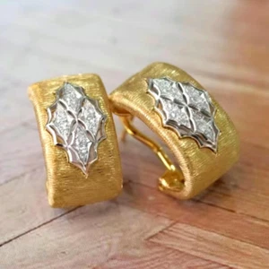 Vintage Handmade Satin Natural Diamond Women Earrings Solid 14K 2-Tone Gold Gift - Picture 1 of 7