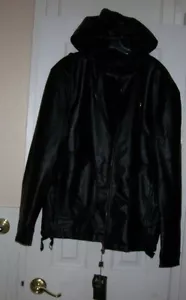 Neu mit Etikett Emporio Milano Herren XXL schwarz Kapuze Leder durchgehender Reißverschluss Jacke Mantel exklusiv - Bild 1 von 18