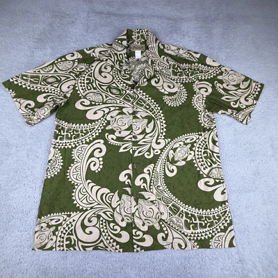 E & K гавайская рубашка мужская XL зеленый бежевый племенной черепаха печати сделано на Гавайях хлопок - Изображение 1 из 4