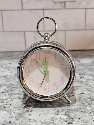 Pottery Barn Kids Silver Alarm Clock Pink Numbers Green Hands Battery Tabletop - Image 1 of 4