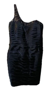 Abito Adrianna Papell monospalla raso perle paillettes blu notte tg 16 W - Foto 1 di 14
