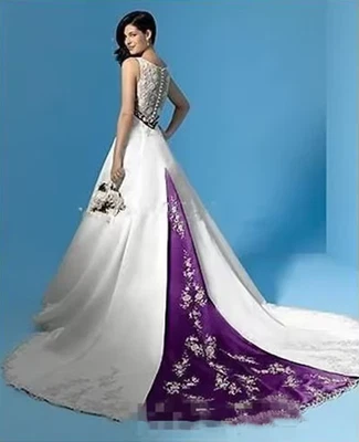 White And Purple Wedding Dress A Line V Neck Sleeveless Long Satin Bridal Gowns - Image 1 of 4