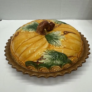 Pumpkin Pie Lidded Ceramic Pie Server, 10" Orange Painted Fall Thanksgiving  - Picture 1 of 7