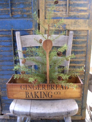 Large Early Antique Wood Box Gingerbread Stencil w Christmas Tree + Wood Spoon - Image 1 of 4