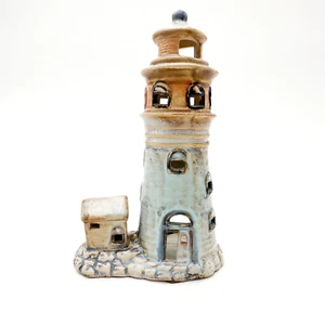 Lighthouse Tealight Glazed Ceramic Candle Holder Blue Brown 6.5" - Picture 1 of 11