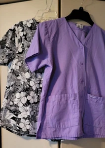 2 Scrub Tops Shirt small Women Short Sleeve Landau Purple Black White Zebra - Picture 1 of 16