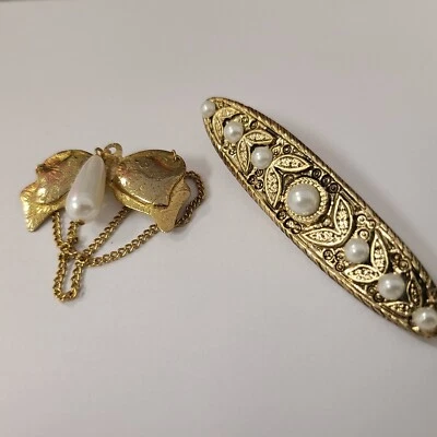 Vintage Gold Metal Pearls Pins Brooch Lot of 2 TUZ3174 LAST! - Image 1 of 3