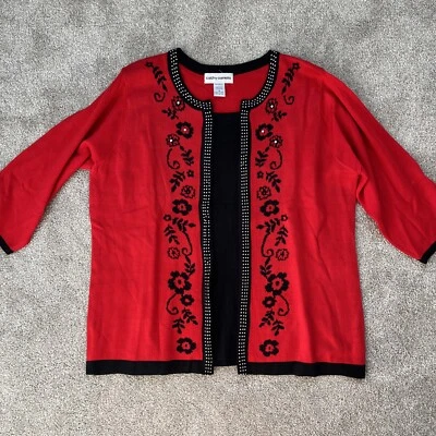 Свитер Cathy Daniels 1X красный черный с блестками новый без ценников рукав 3/4 никогда не носился - Изображение 1 из 4