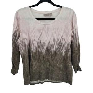 Chico's Top Size 1 Pink Brown Ombre Ikat Print Cotton Pullover Ruched Sleeve - Picture 1 of 12