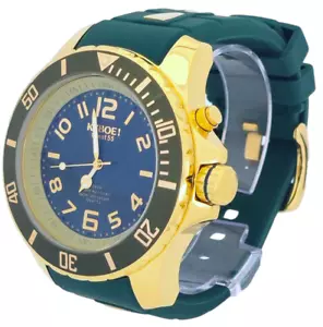 Kyboe! Men's Watch Giant 55MM Stainless Gold Case Green Silicone Band 100M WR - Picture 1 of 6
