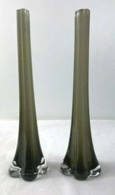 Mid Century Art Glass Pair Elephant Foot Bud Vases Grey Cased Glass - image 1 of 4