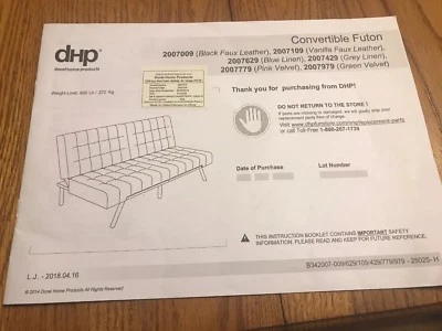 Convertible Futon 2007009…Instruction Manual Only Ships N 24h - Image 1 of 2
