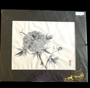 Karen Hargreaves - Fitzsimmons PEONY Japanese Ink Painting 24 x 20 Matted Signed - Picture 1 of 10
