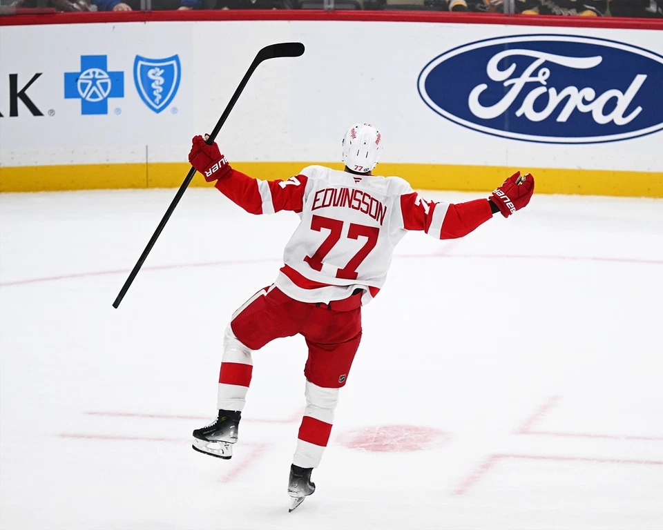 Simon Edvinsson Goal Celebration Detroit Red Wings 8x10 NHL Hockey Photo - Image 1 of 1