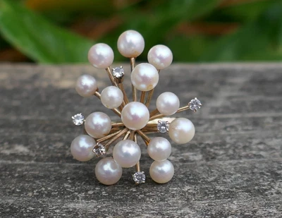 Anillo Vintage Oro Amarillo 14k Perla y Piedra Transparente Diseño Starburst - Talla 7.75 Foto 1 de 4