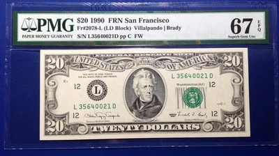 1990 $20 Federal Reserve Note Fr-2078-L San Francisco PMG67EPQ Superb Gem - Image 1 of 2