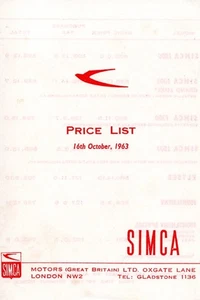 1963 Simca UK Price List, includes 1000, 1300, 1500, Elysee & Montlhery models - Picture 1 of 1
