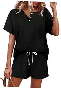  Two Piece Outfits for Women Lounge Sets Button Medium Short Sleeve - Black - Picture 1 of 6