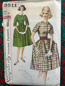 SIMPLICITY 60s DRESS PATTERN 3511 VINTAGE SZ 16 36 BUST DETACHABLE COLLAR SLEEVE - Picture 1 of 2